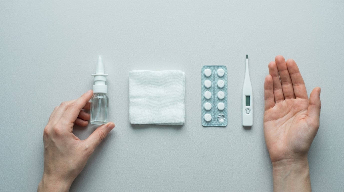 Flat-lay of a saline spray, gauze, an almost-full blister of pain relief and a thermometer with two hands resting beside them.