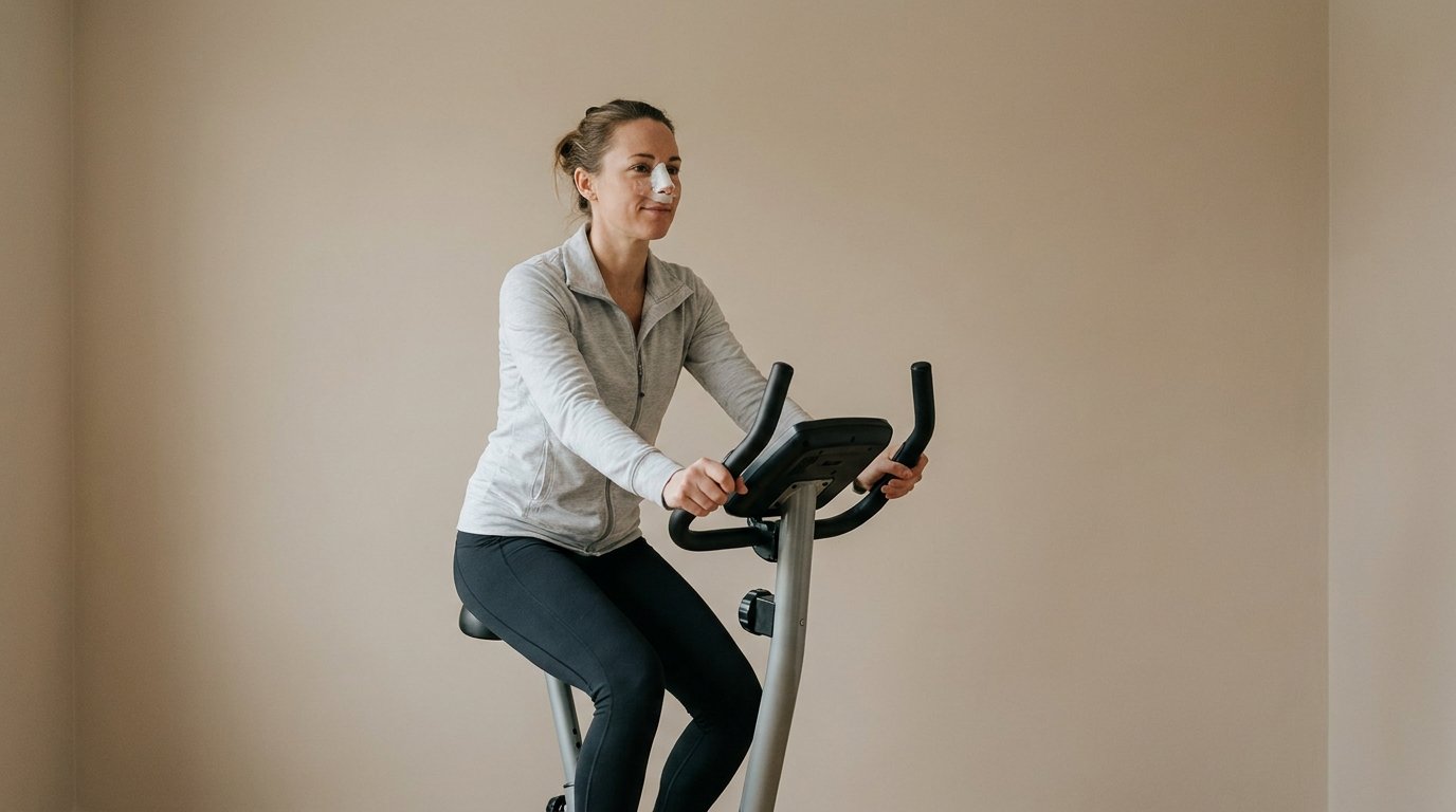 A woman with a nasal splint pedalling slowly and upright on a stationary exercise bike against a bare wall.