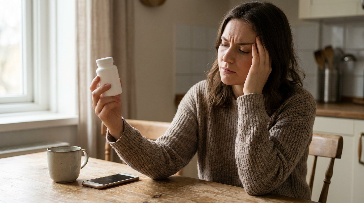 Woman with a headache hesitating over a painkiller bottle, her phone waiting on the table before rhinoplasty