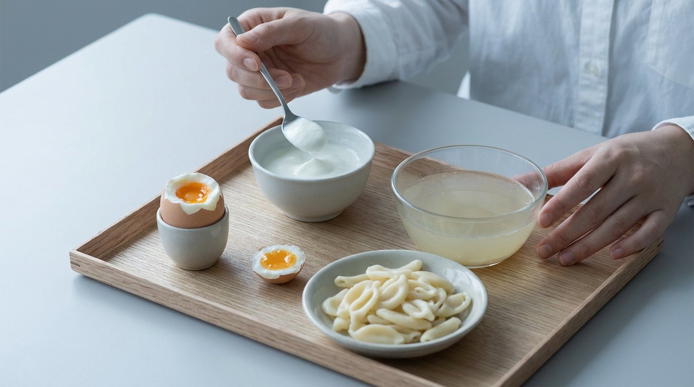 A tray with yoghurt, clear soup, a soft boiled egg and plain pasta, one hand holding a spoon.