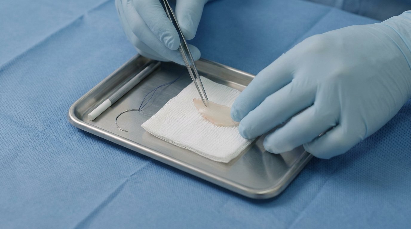 Gloved hands using forceps to place a thin sliver of septal cartilage on a steel tray with surgical instruments on a blue drape.
