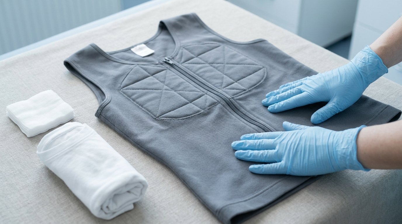 A men's post-surgical compression vest with velcro side fastening laid flat beside gauze pads, hands smoothing the fabric.