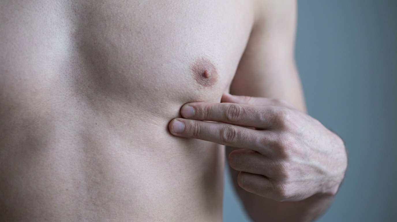 Close-up of a man's fingers pressing on the skin below the nipple to feel for firm tissue beneath the chest.