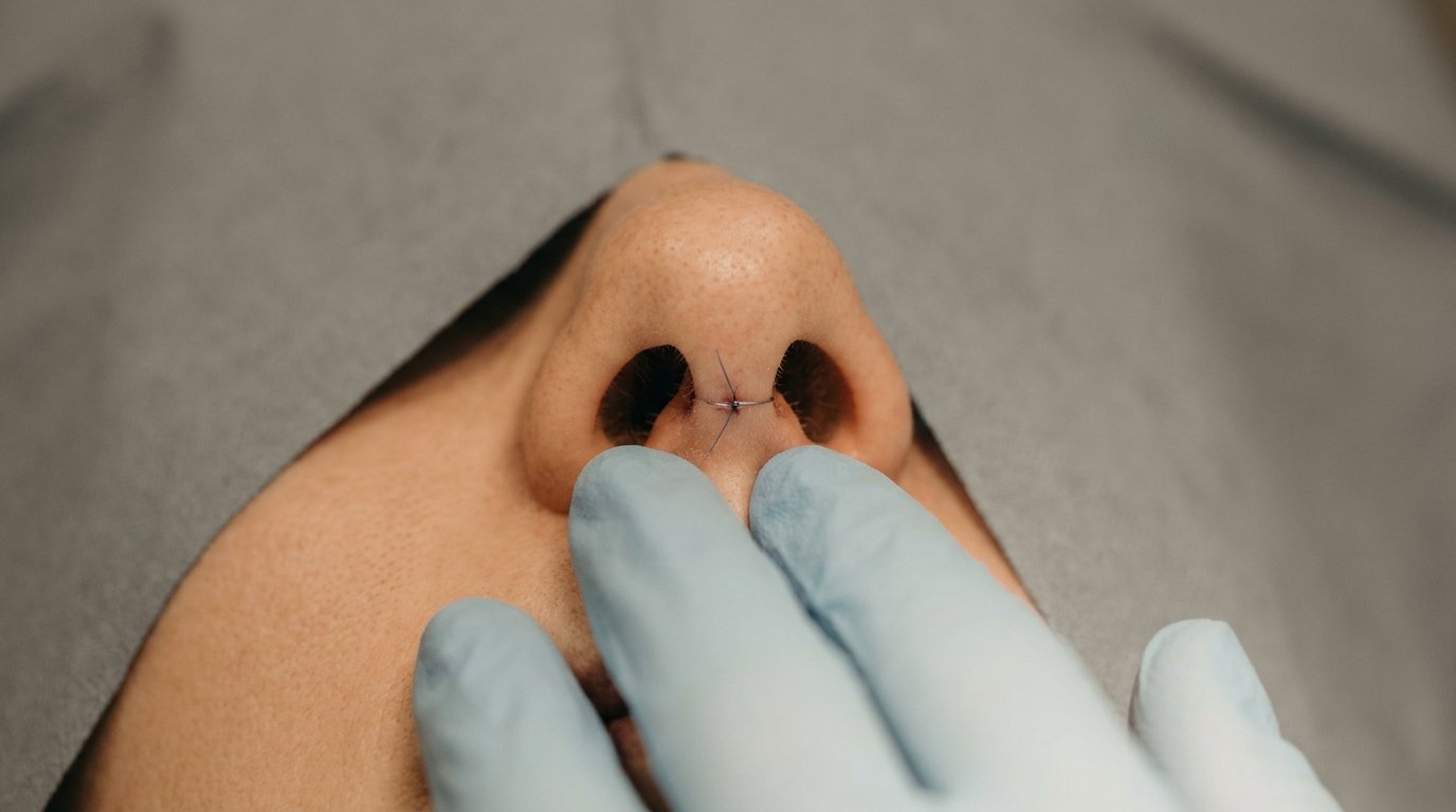 Extreme close-up of a nose underside showing a small horizontal incision across the columella between the nostrils, steadied by a gloved hand.