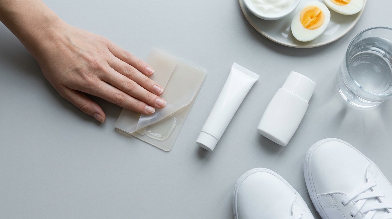 A flat-lay of scar gel, silicone sheet, sunscreen, protein foods, water and walking trainers with a hand touching the silicone sheet.