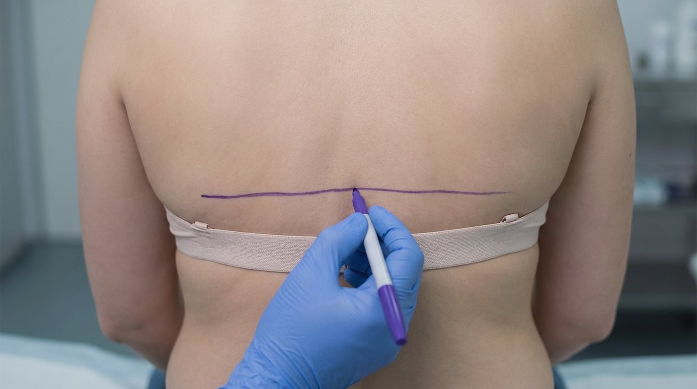 A gloved hand drawing a long horizontal planning line across a patient's upper back, following the bra band crease.