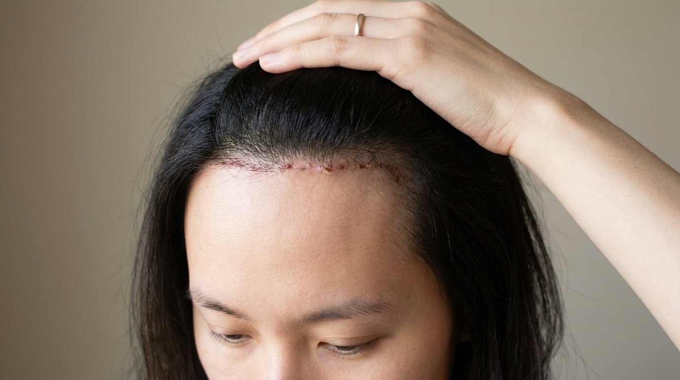 A fine pink incision line at the front hairline with small crusts, hair held back by one hand to reveal it.