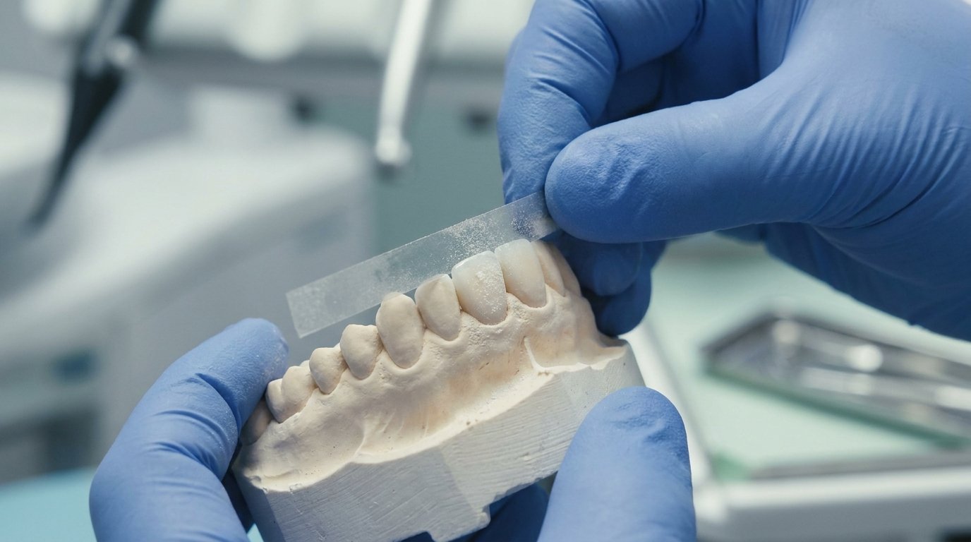 Gloved hands using a thin abrasive strip to smooth the edge of one front tooth on a dental model.