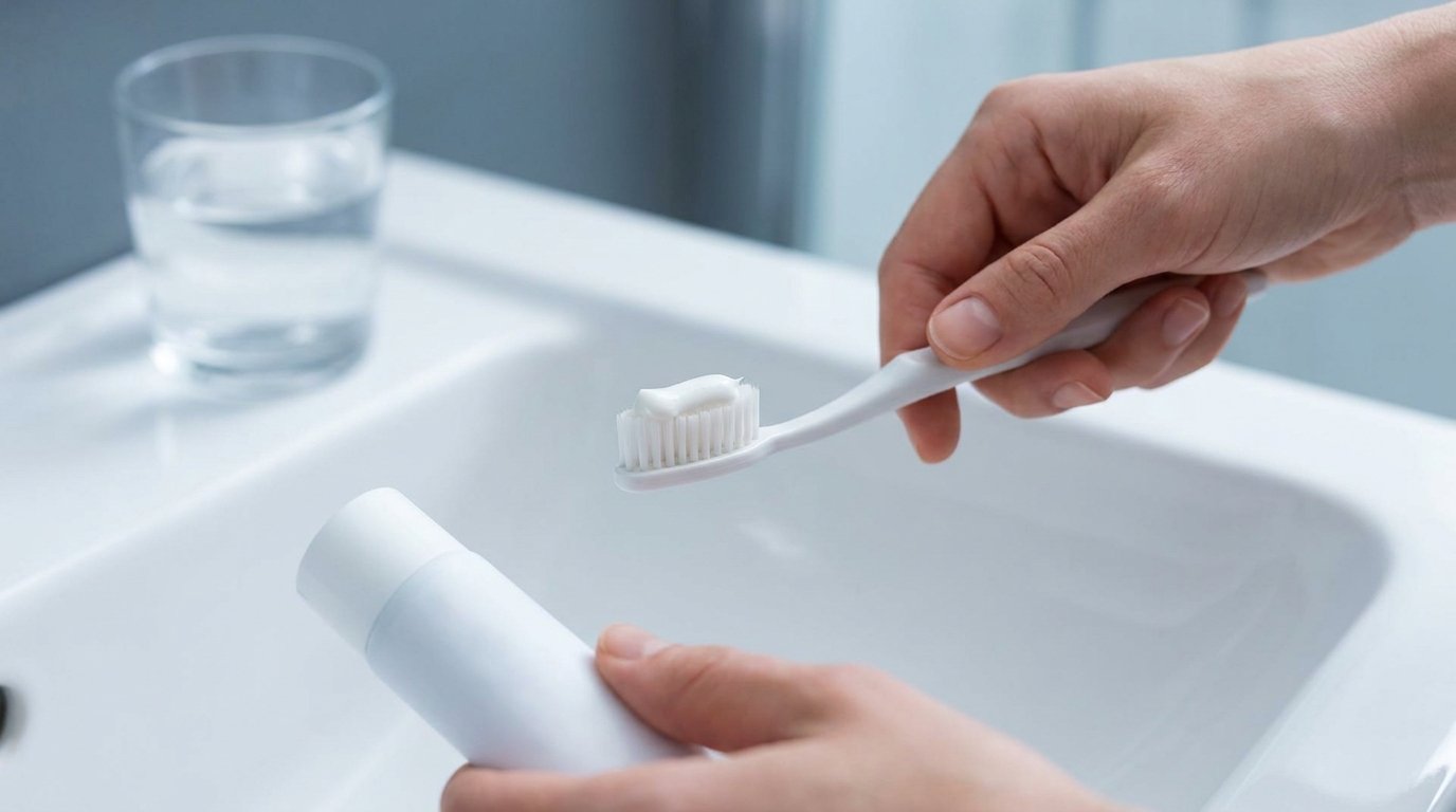 Hands holding a soft toothbrush with sensitive-teeth toothpaste on it and an unbranded tube over a basin, with a glass of water nearby.