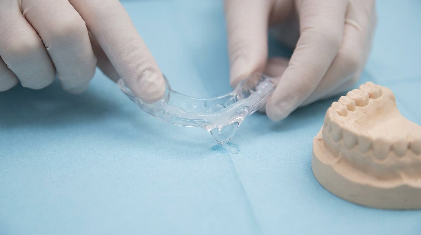 Hands holding a clear whitening tray with whitening gel overflowing its edge, beside a plain dental arch model.