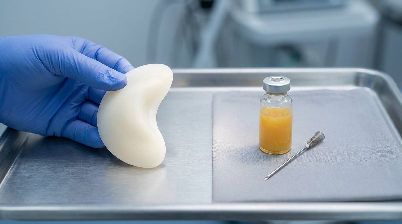 A curved silicone cheek implant held in a gloved hand beside a vial of processed fat and an injection cannula on a surgical tray.