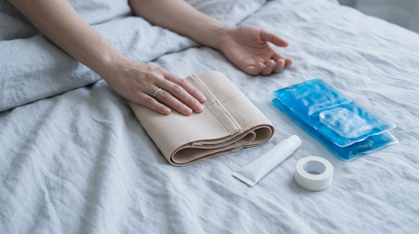 A flat-lay aftercare kit with an abdominal compression band, a cool gel pack, ointment and soft tape on a bedsheet, one hand resting on the band.