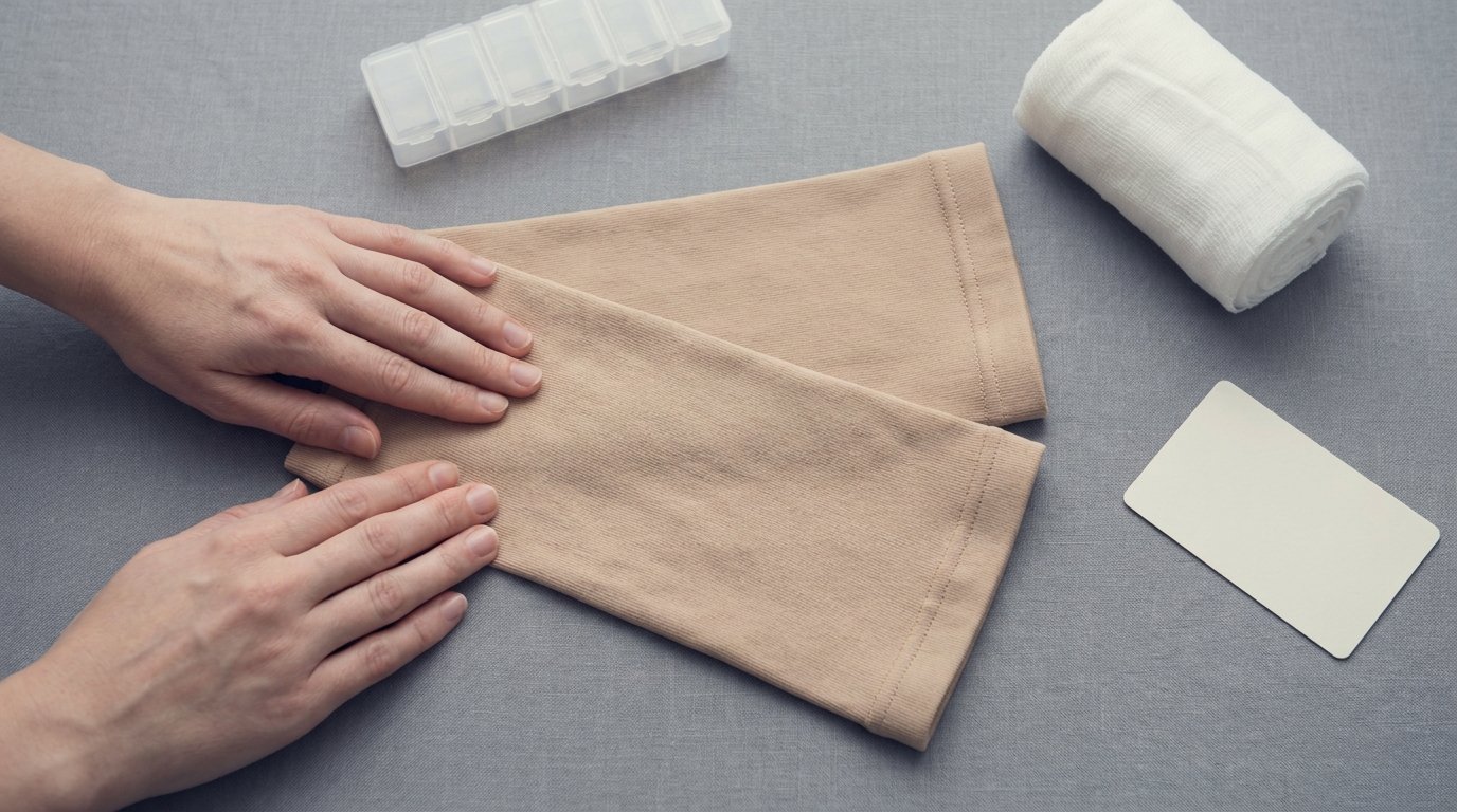 Flat-lay of folded compression arm sleeves, gauze, pill organiser and appointment card with hands smoothing one sleeve.