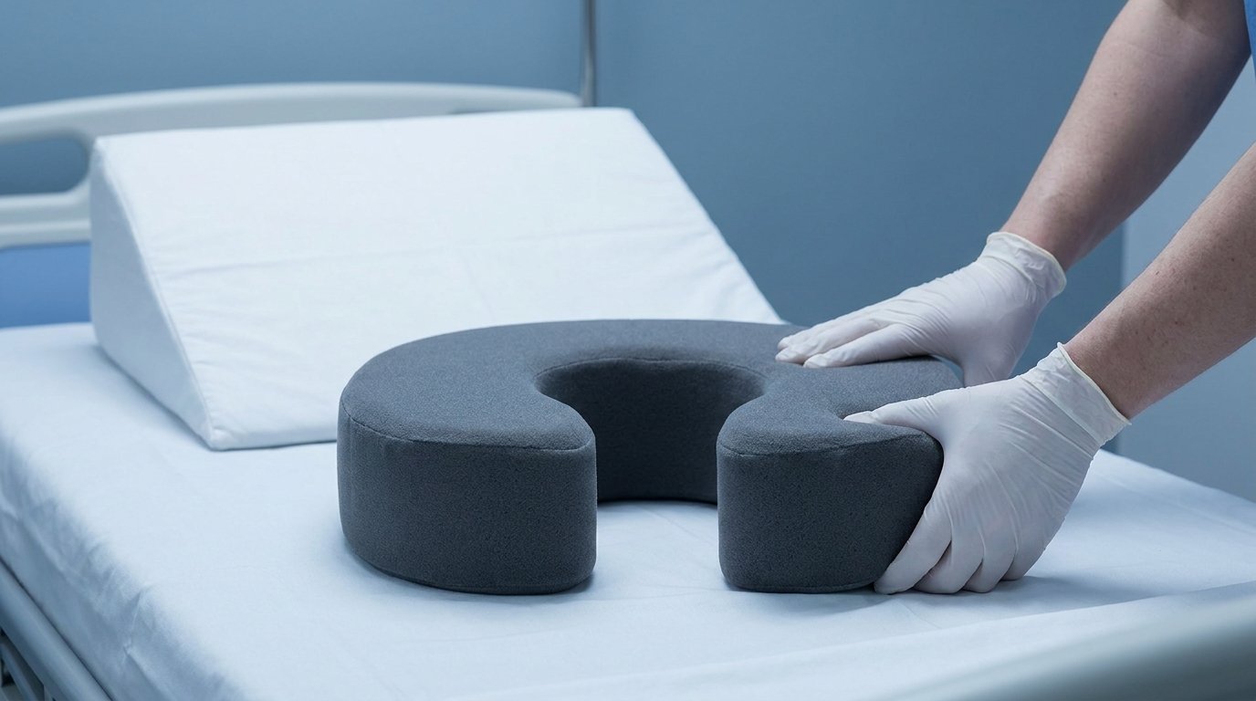 Hands pressing a firm doughnut recovery cushion with a hollow centre on a plain bed, a wedge pillow resting behind it.