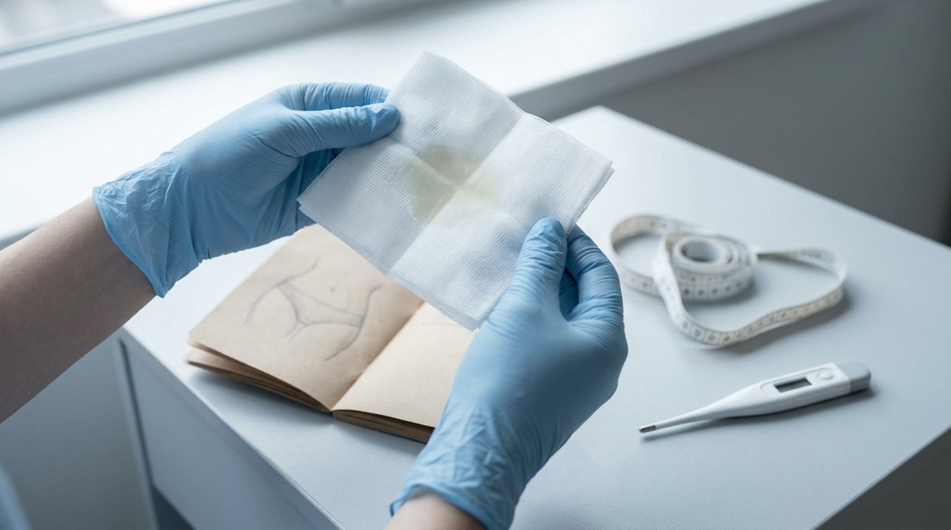 Gloved hands holding a gauze pad with a faint fluid mark beside a thermometer, measuring tape and a small journal on a plain surface.