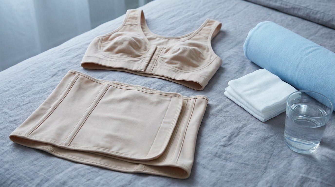 Flat-lay of a front-closure surgical bra and a wide liposuction compression garment with gauze and a support pillow on a neutral bedspread.