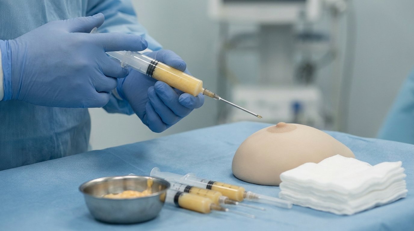 Gloved hands holding a syringe of pale yellow processed fat with a blunt cannula over an anatomical breast model on a surgical drape.