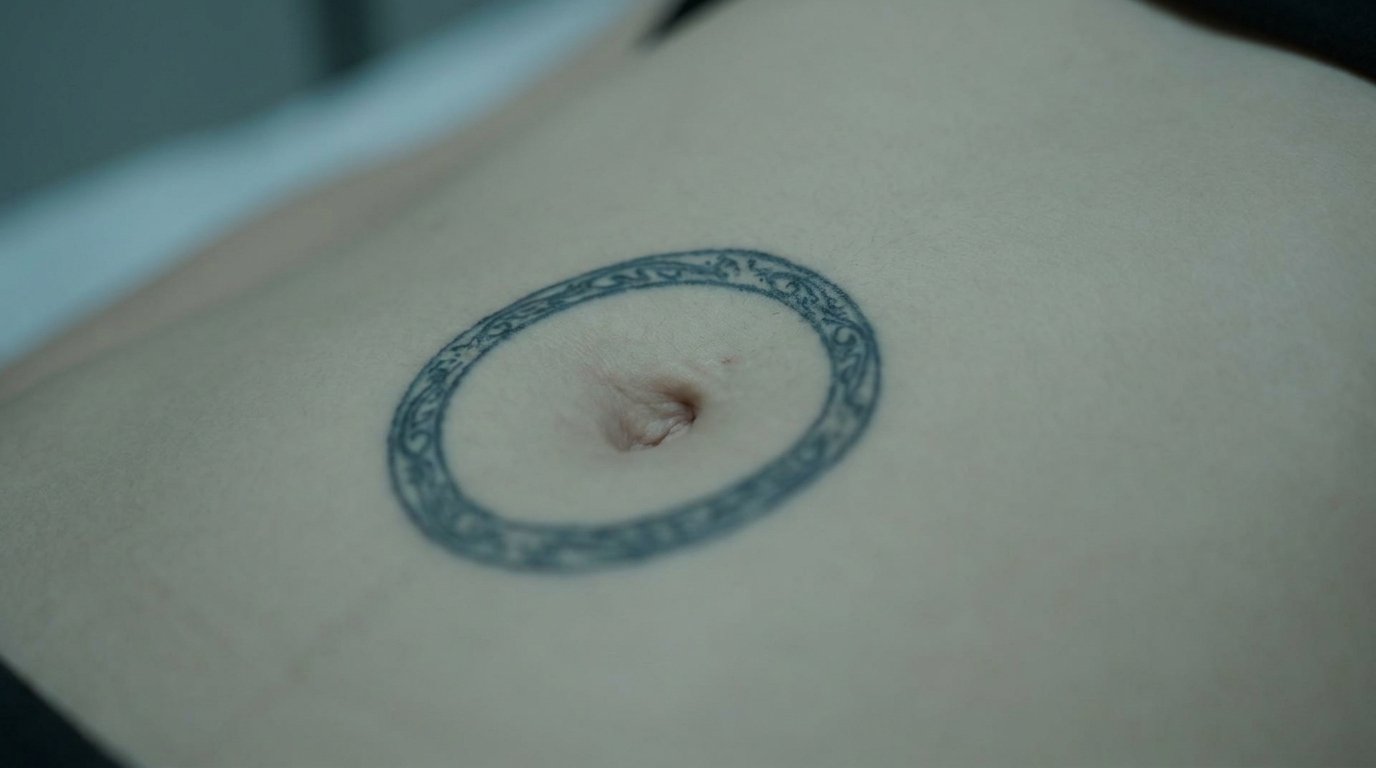 A once-circular tattoo around a belly button pulled into an oval shape by tightened downward-drawn abdominal skin