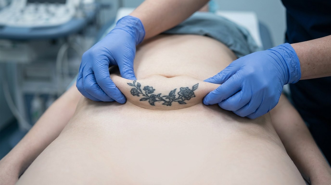 Two gloved hands pinching a fold of lower-abdominal skin bearing a small tattoo that bends across the fold