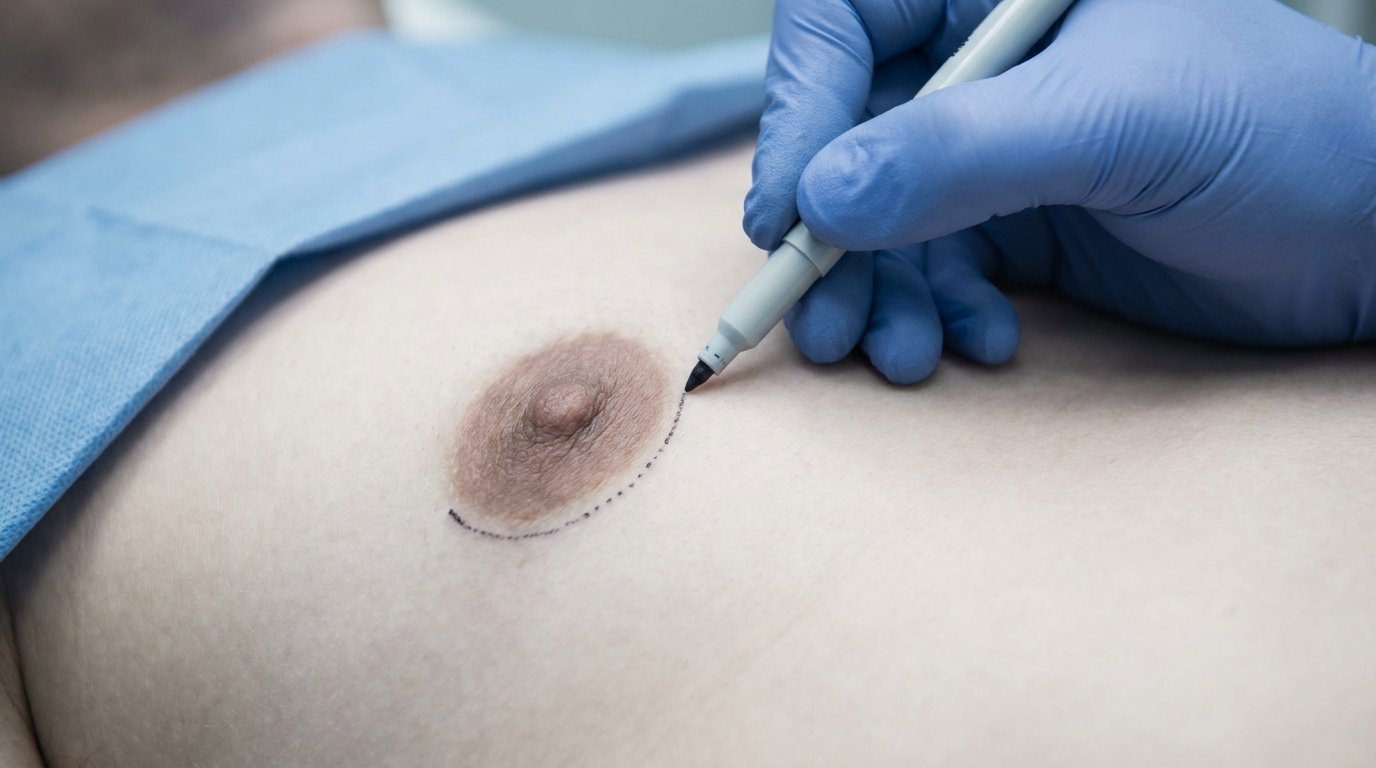 A gloved hand marking a curved dotted incision line along the lower border of a male areola.
