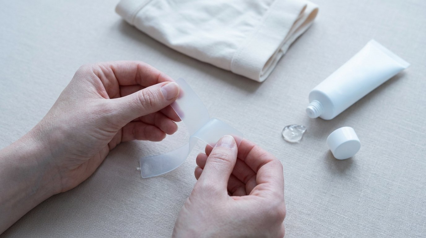 Hands peeling backing from a silicone scar sheet beside a tube of clear silicone gel and a folded compression garment.
