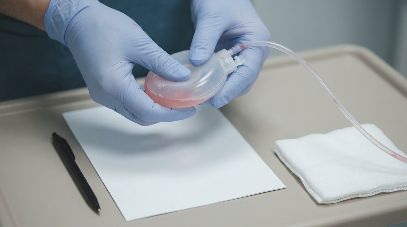Two hands holding a compressed surgical drain bulb with a little pink fluid inside, a blank log sheet and gauze resting nearby.