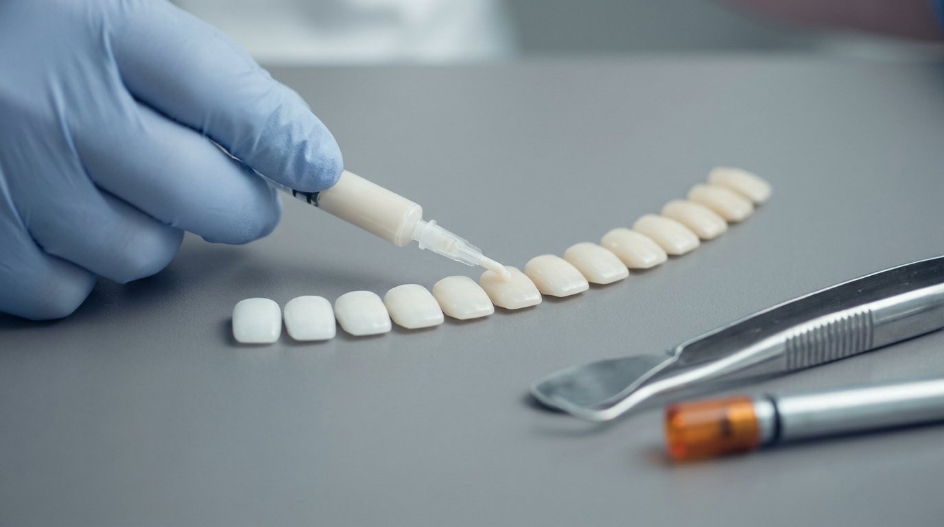 A gloved hand with a composite resin applicator above a row of tooth-coloured shade tabs and dental instruments.