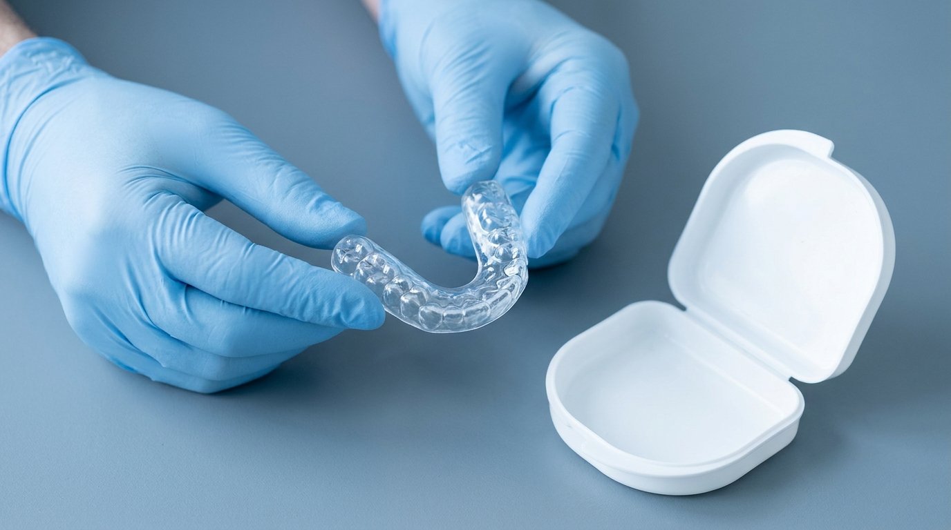 Two hands holding a clear plastic dental night guard above an open storage case on a plain surface.