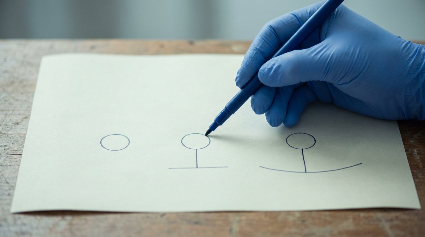 A gloved hand drawing three breast-lift scar patterns — areola-only, vertical, and anchor — on plain planning paper with a surgical marker.