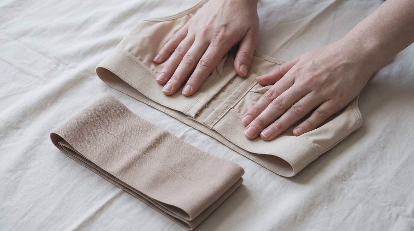 A front-fastening post-surgical compression bra and a soft support band laid flat on folded cotton, hands smoothing the bra.