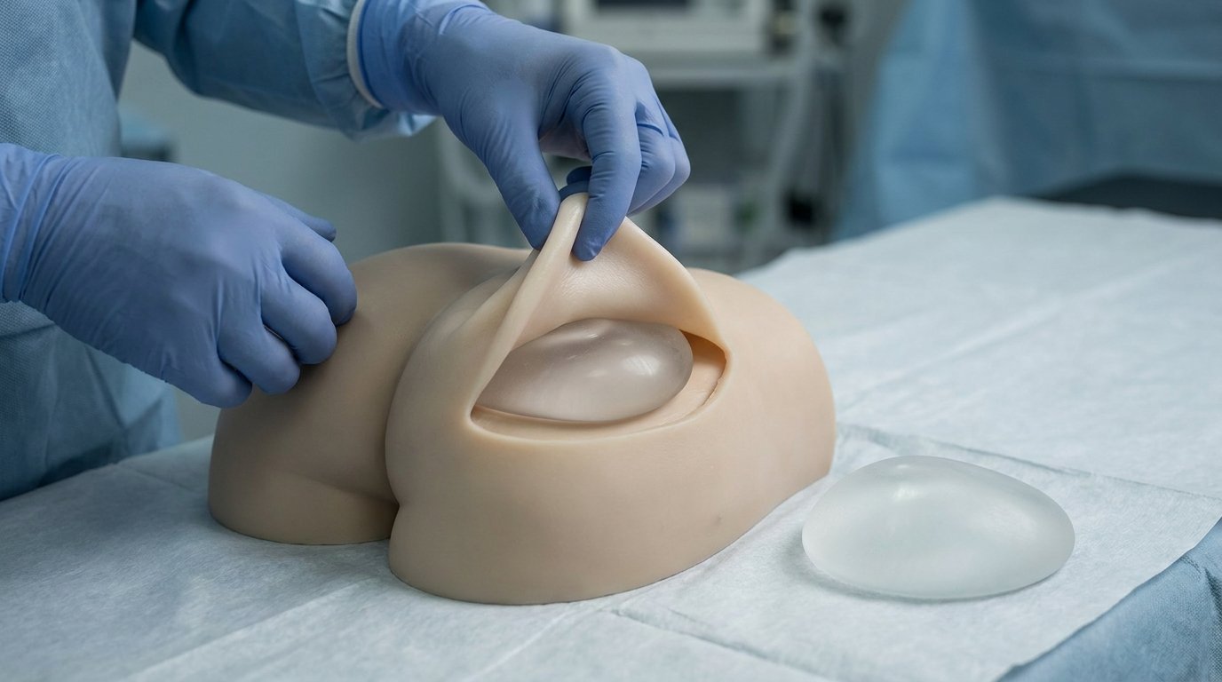 Gloved hands pinching a fold of silicone skin over a buttock model while a gluteal implant sits in the pocket beneath.
