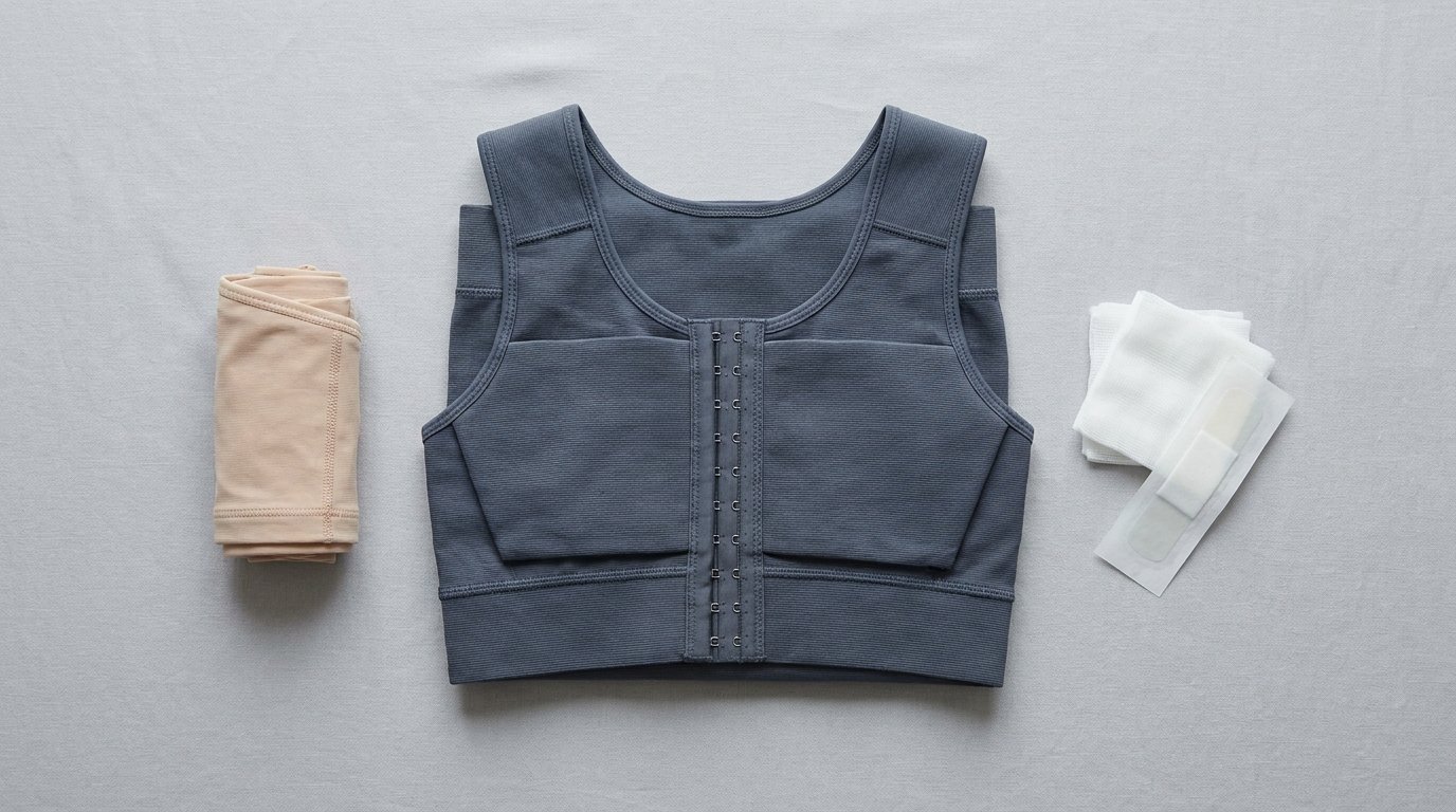 A folded unbranded compression vest with gauze pads and a rolled second garment on a plain surface.