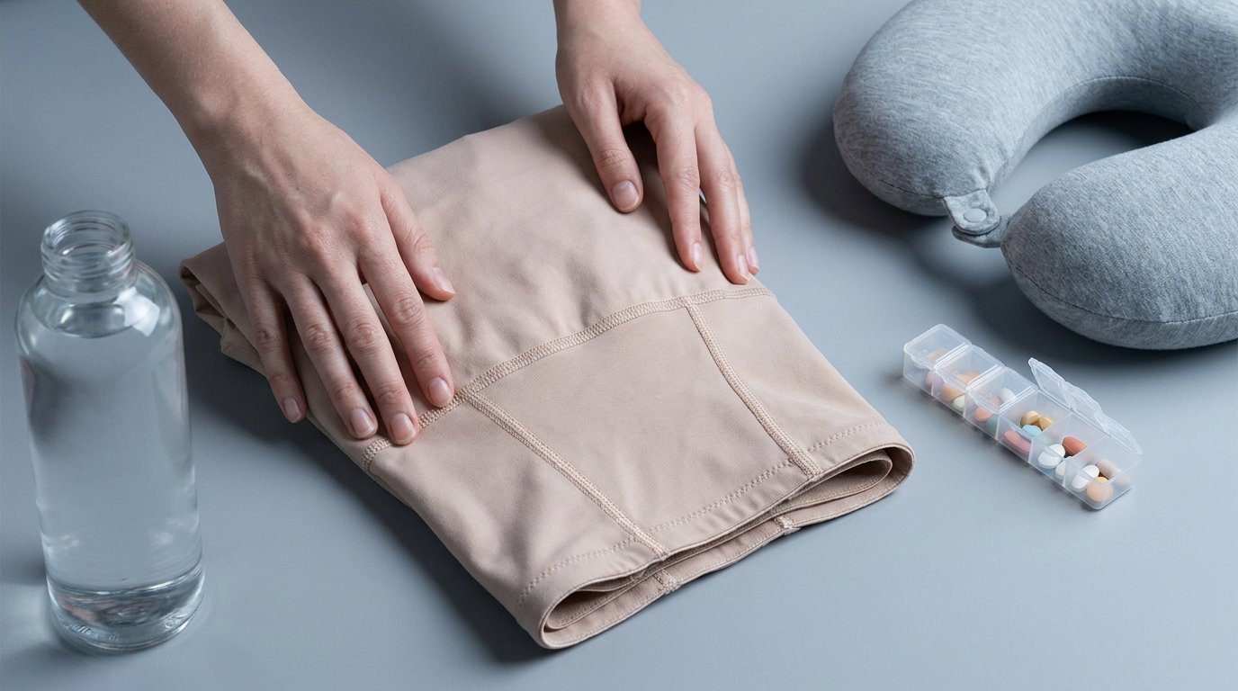 Still-life of a folded beige compression garment being smoothed by hands, beside a water bottle, pill organiser and travel pillow on a plain surface.