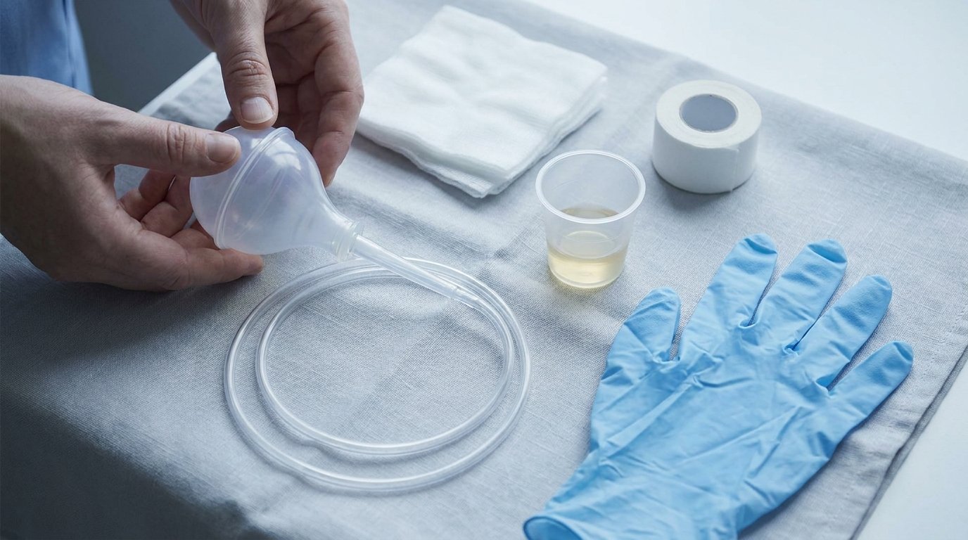 Flat-lay of a soft surgical drain bulb with coiled clear tube, a small measuring cup with pale fluid, gauze, medical tape and gloves, with hands holding the bulb.
