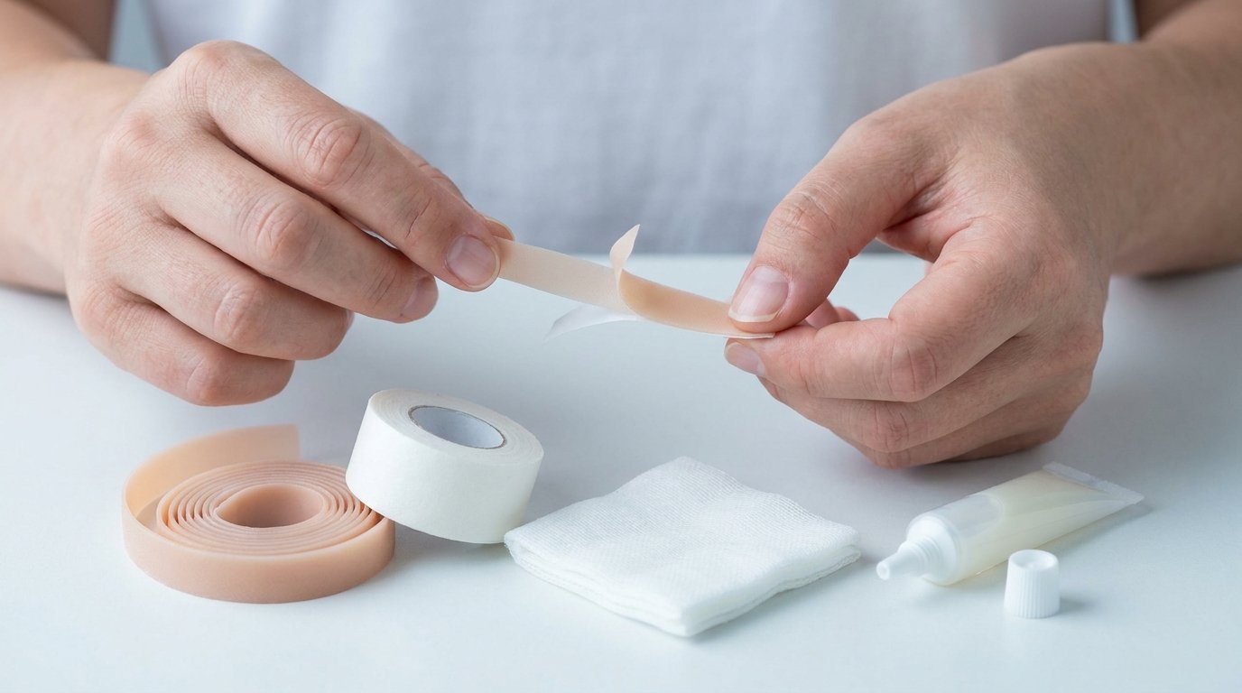 Two hands peeling a silicone scar sheet beside surgical tape, gauze and a tube of scar gel on a plain flat-lay.