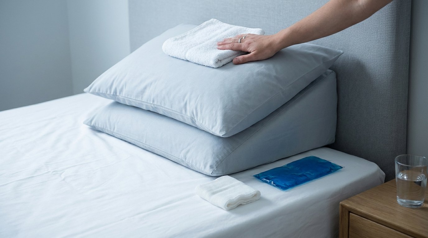 Two stacked pillows forming an elevated wedge on a bed with a cold pack and cotton wrap beside them.
