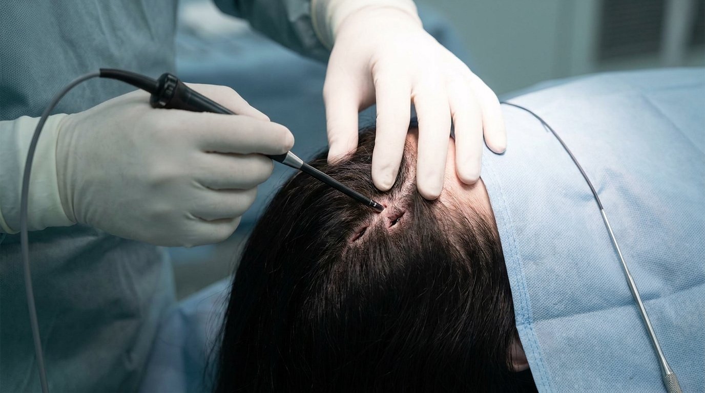 Gloved hands parting hair behind the hairline to show short scalp incisions with a thin endoscopic camera probe inserted at one opening.