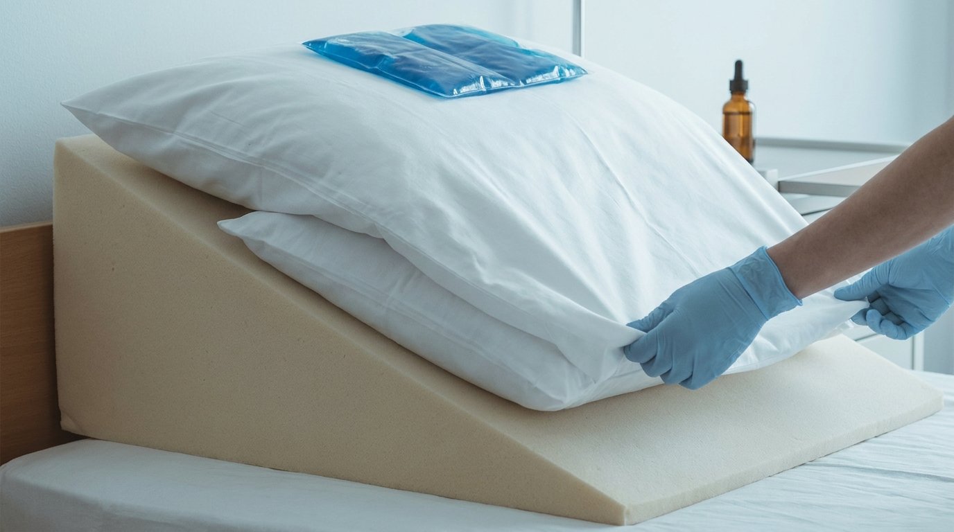 A triangular foam wedge raising stacked pillows on a bed, a folded cold gel pack on top, an unmarked drops bottle beside them, and two hands smoothing the pillowcase.