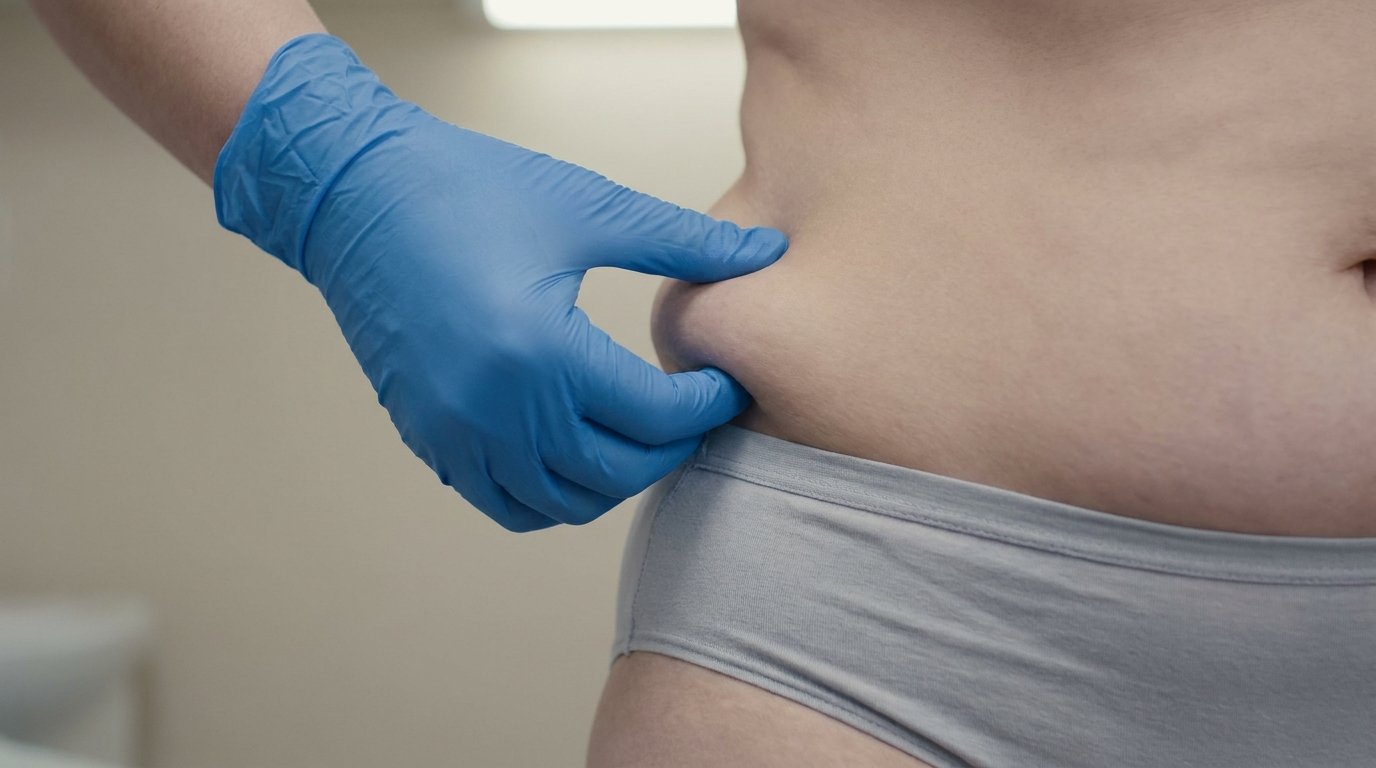 A gloved hand pinching a fold of skin and fat at a patient's side waist to assess donor fat thickness.