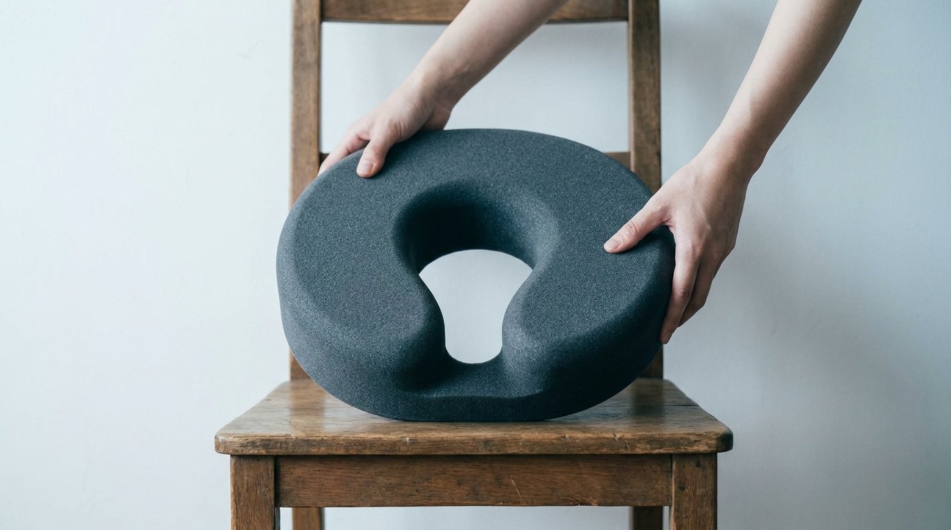 Hands placing a horseshoe-shaped recovery cushion with a hollow centre onto a plain chair seat.