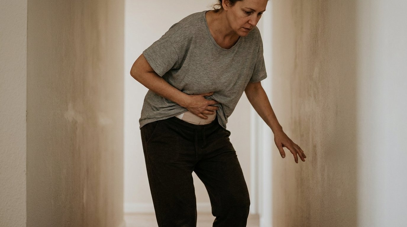 Woman standing bent slightly forward at the waist, one hand over her lower abdomen, taking a careful step beside a plain wall.