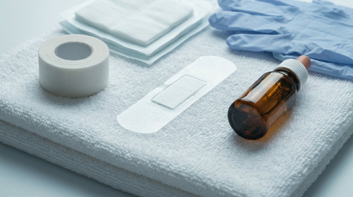 Flat-lay of a sterile adhesive dressing strip, soft surgical tape, an unmarked antiseptic bottle, gauze and folded gloves on a white towel.