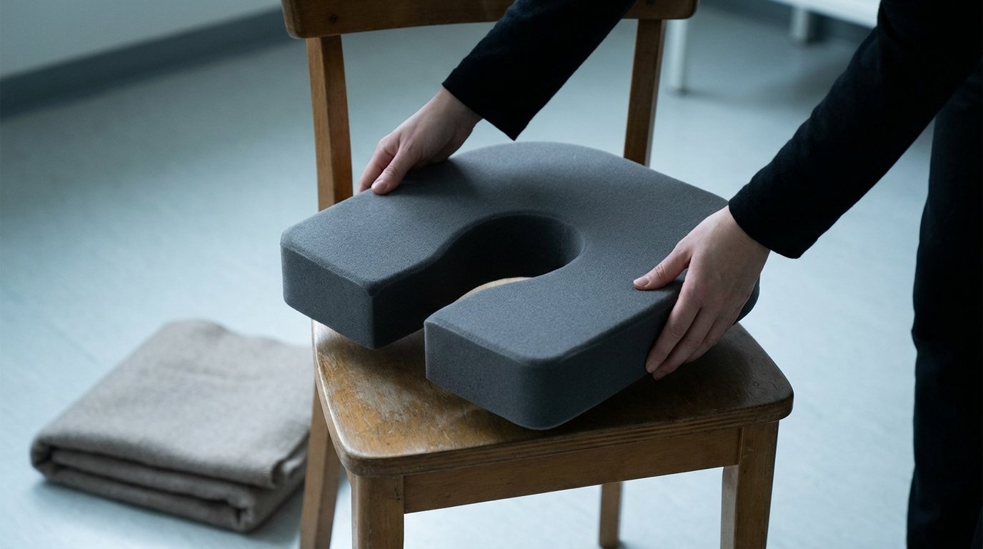 Two hands placing a firm U-shaped cutout cushion onto a plain wooden chair, with a folded blanket resting on the floor.