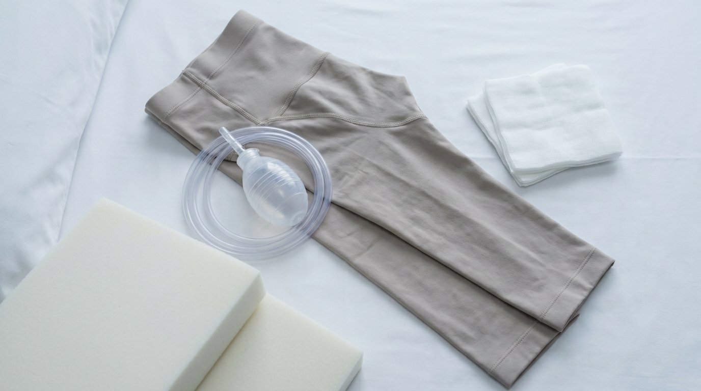 Flat-lay of a long-legged compression garment, a drain bulb, gauze pads and a pillow wedge on a white surface.