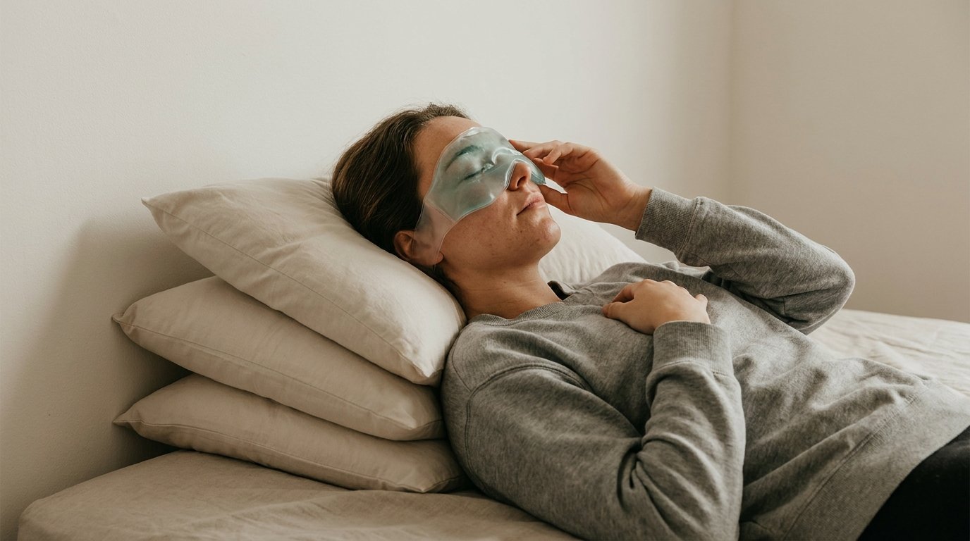 A person reclining with head raised on stacked pillows and a cold gel compress resting over closed lower eyelids.