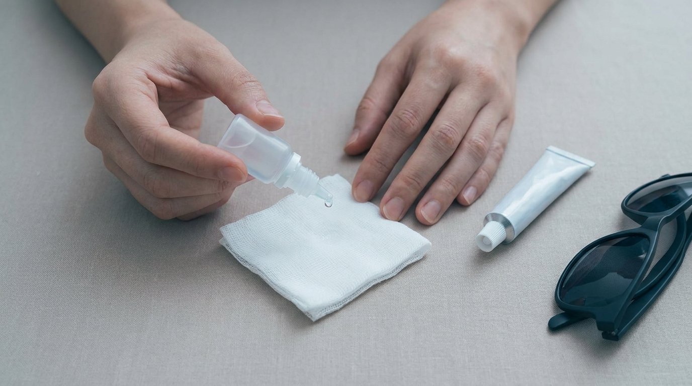 Hands holding an unmarked lubricating eye-drop bottle beside gauze, an ointment tube and sunglasses on a plain surface.