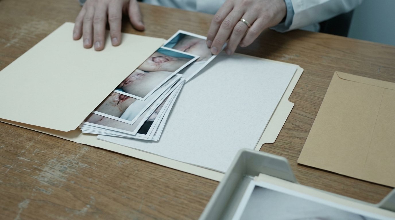 An open plain manila folder holding an operative-notes sheet and fanned unlabelled photo prints on a bare desk, with two hands sorting them toward a document tray.