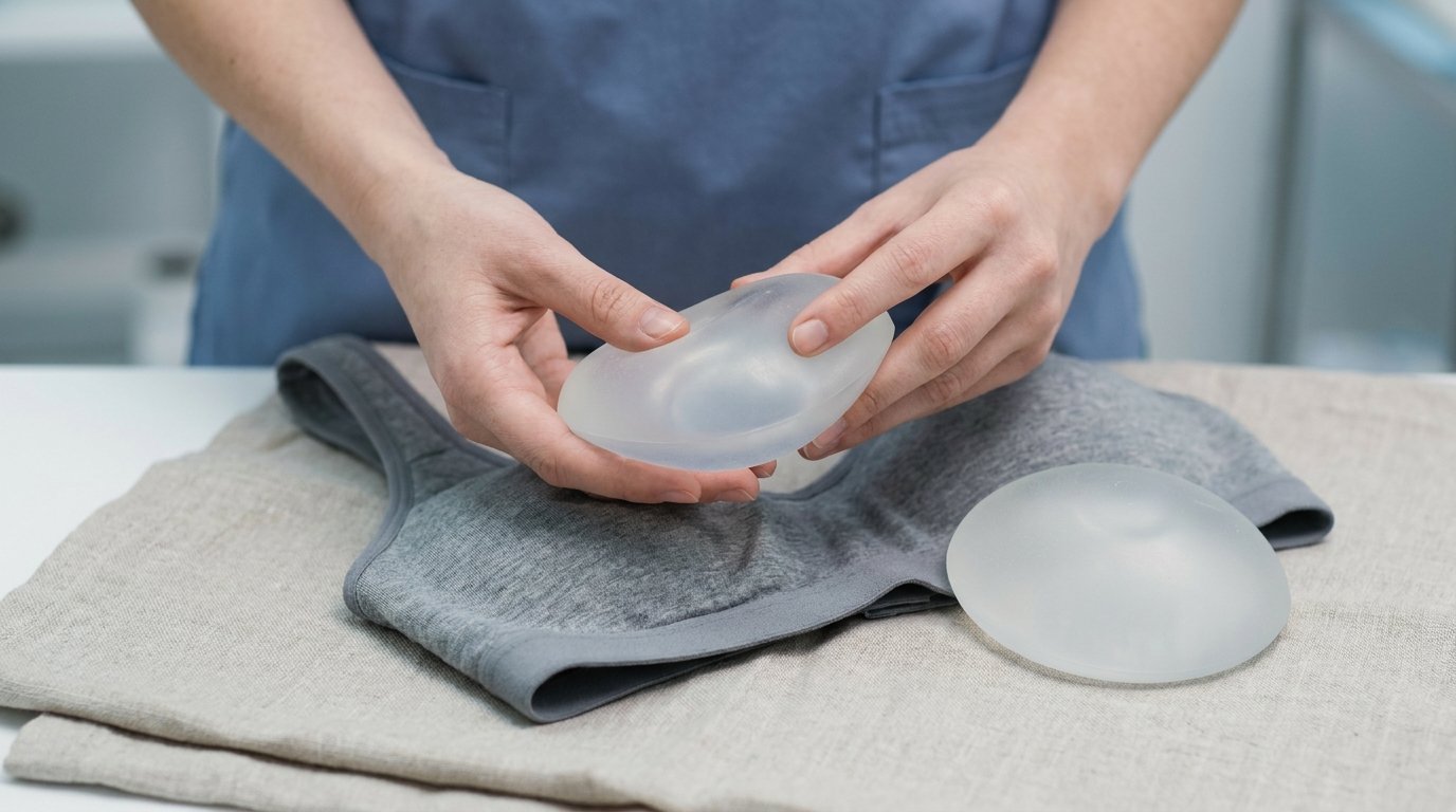 Two hands holding a translucent silicone breast sizer above an open plain sports bra, with a second sizer of different volume lying beside it.