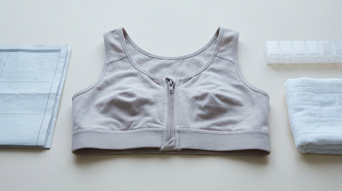Flat-lay of a front-fastening compression support bra with a folded instruction sheet and small pill organiser on a plain surface.