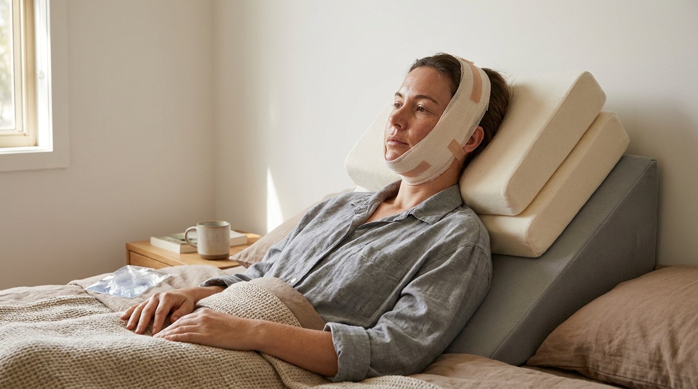 A woman reclining with her head raised on a wedge of pillows, facelift dressings wrapped around her jaw and taped in front of her ears, a cold pack on the bedside table.